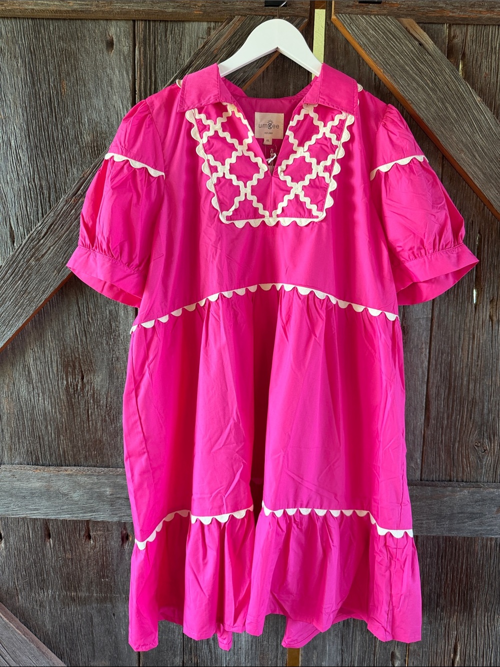 Umgee Hot Pink Embroidered Tiered Dress
